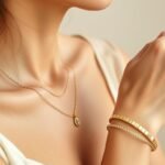 Woman wearing delicate layered necklaces and bracelets, showcasing trendy jewelry gift ideas for women