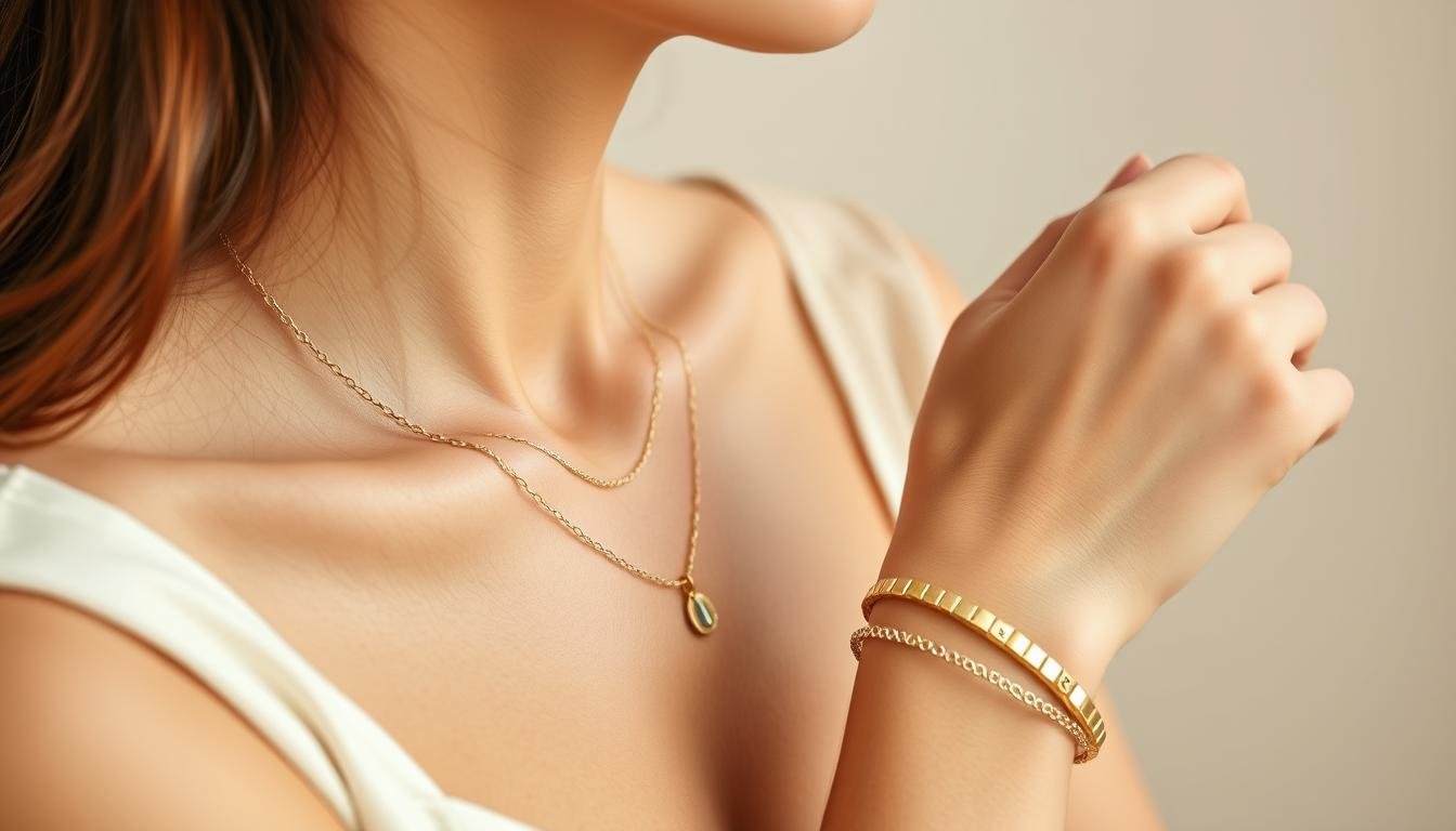 Woman wearing delicate layered necklaces and bracelets, showcasing trendy jewelry gift ideas for women