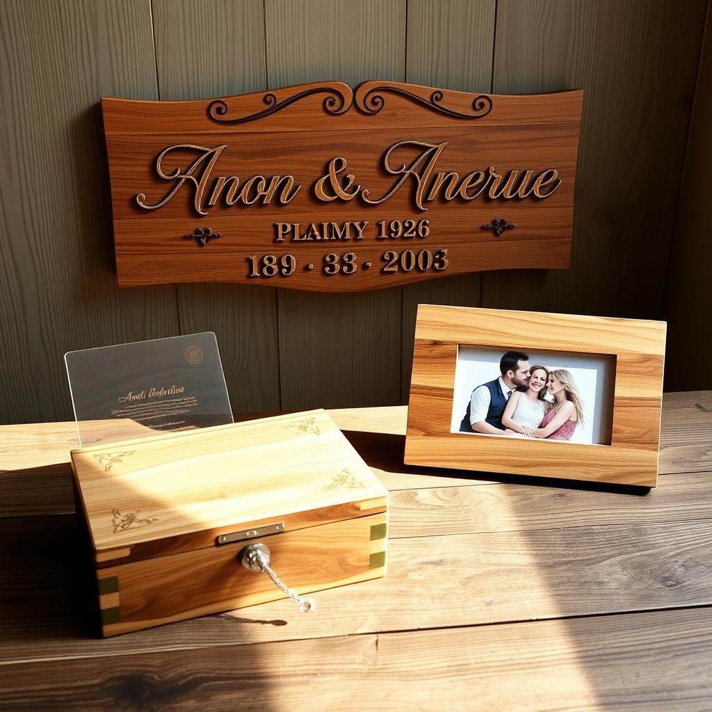 Wood anniversary gifts including custom carvings and decor items