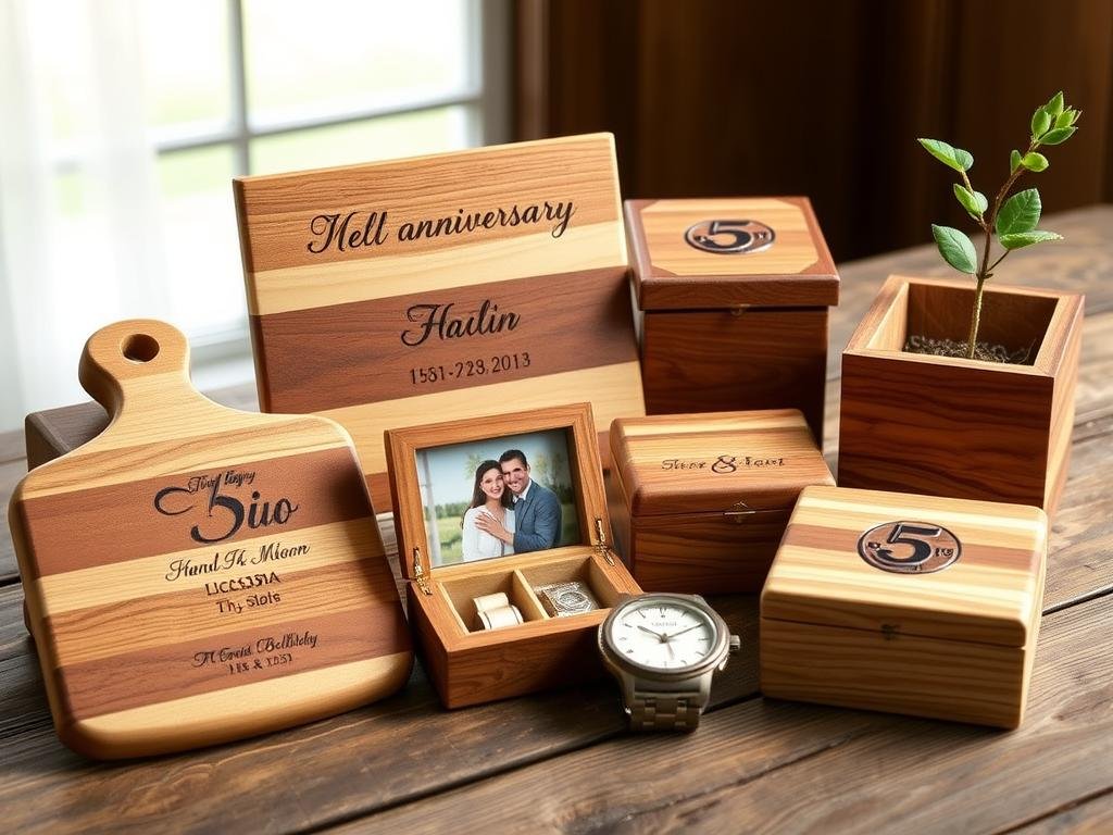 Wooden anniversary gifts including a custom cutting board, photo frame, and jewelry box