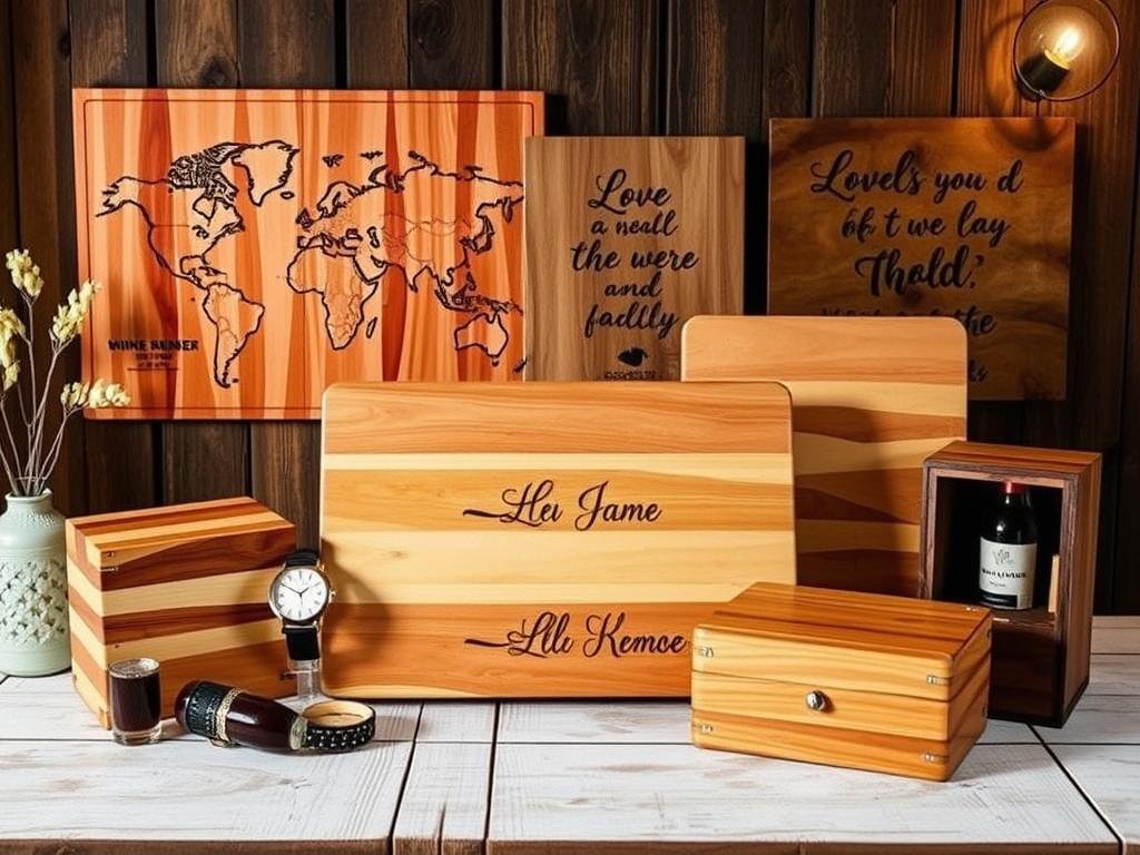 Wooden anniversary gifts including custom maps and cutting boards for anniversary gift ideas