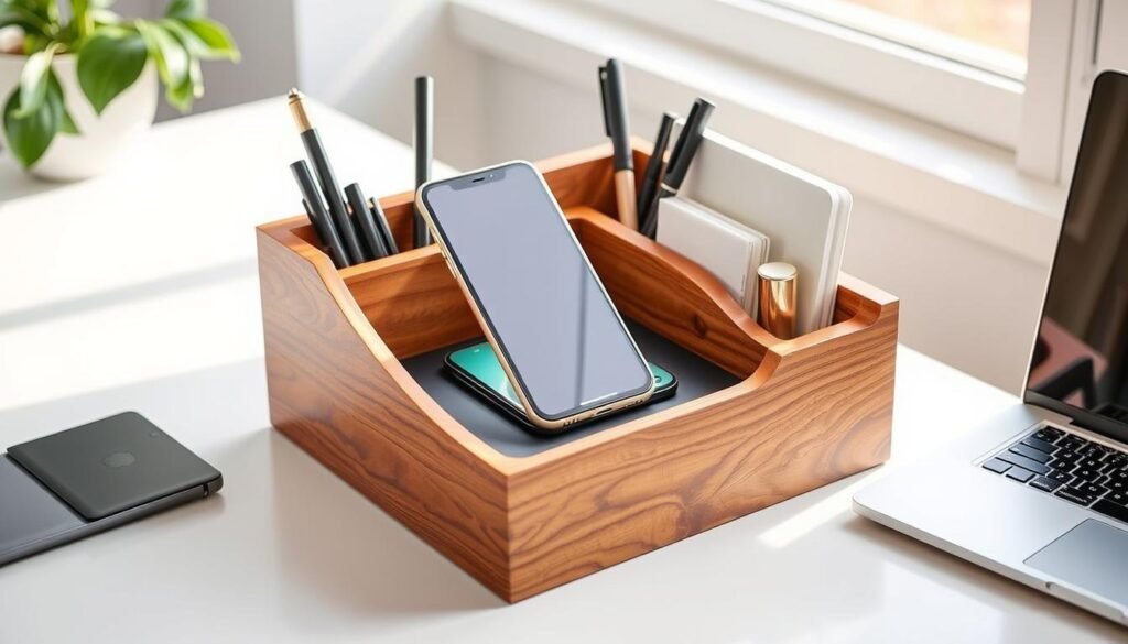 Wooden desk organizer with charging station for 5 year anniversary gift ideas for him