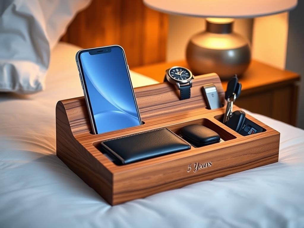 Wooden docking station organizer for 5 year anniversary gift ideas for him