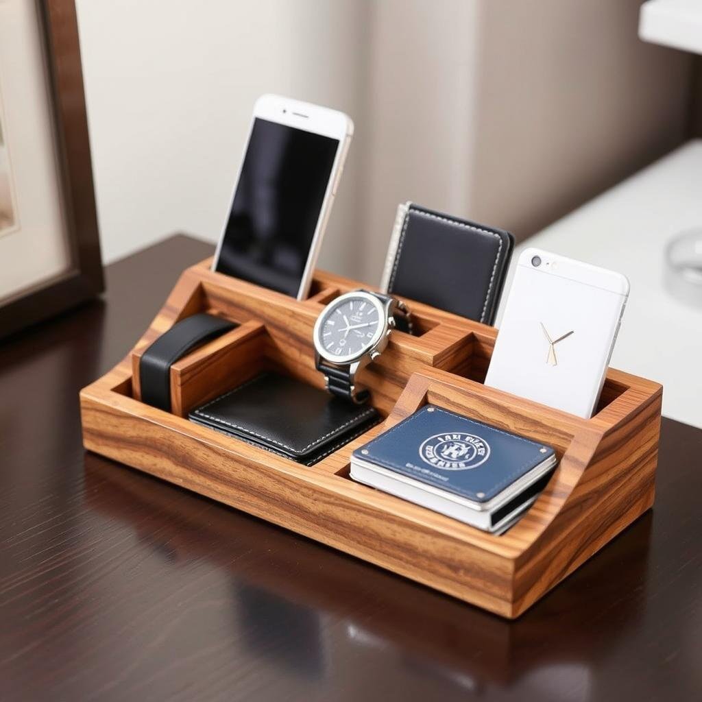 Wooden docking station with phone and watch charging as a wood anniversary gift