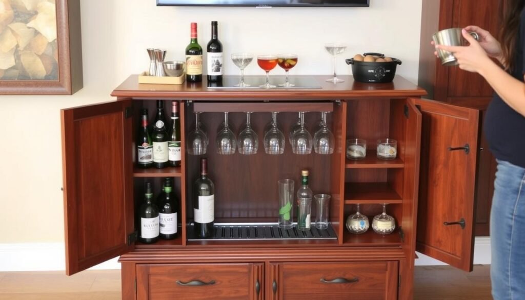 Wooden home bar cabinet for 5 year anniversary gift ideas for him