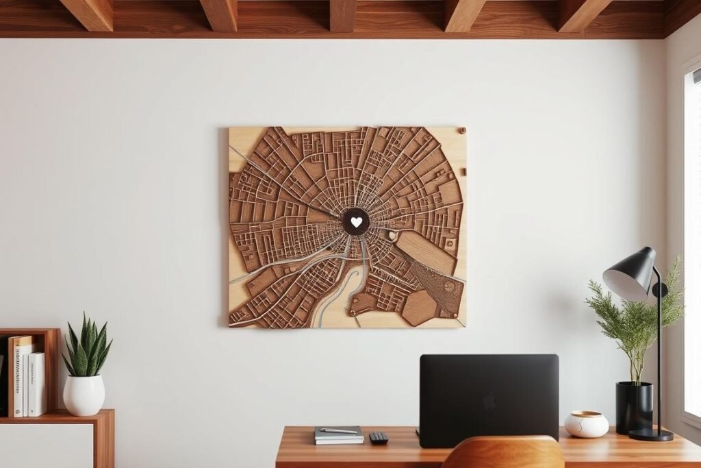 Wooden map wall art showing special location for 5 year anniversary gift ideas for him