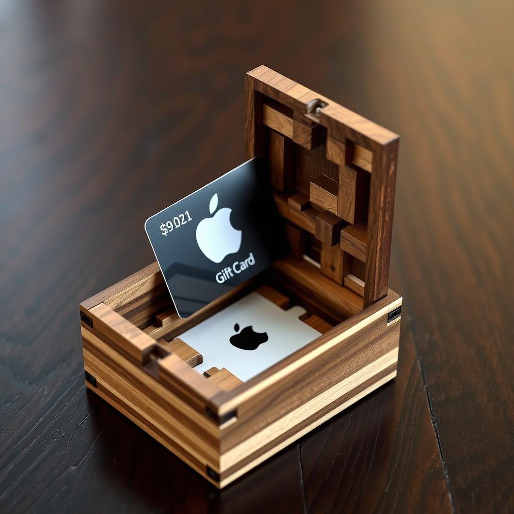 Wooden puzzle box containing an Apple gift card