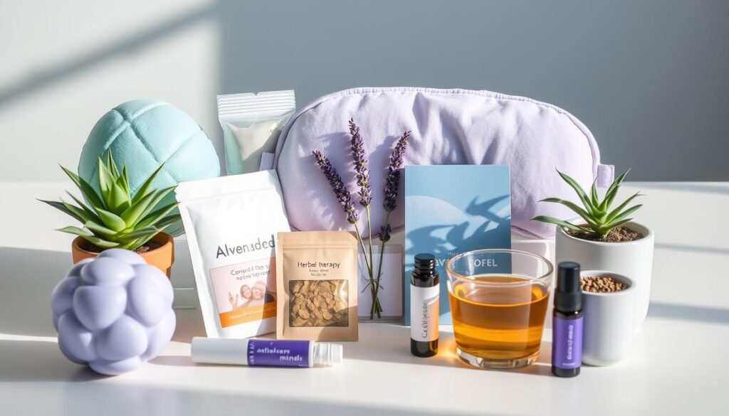 Workplace stress relief kit with various calming items arranged together