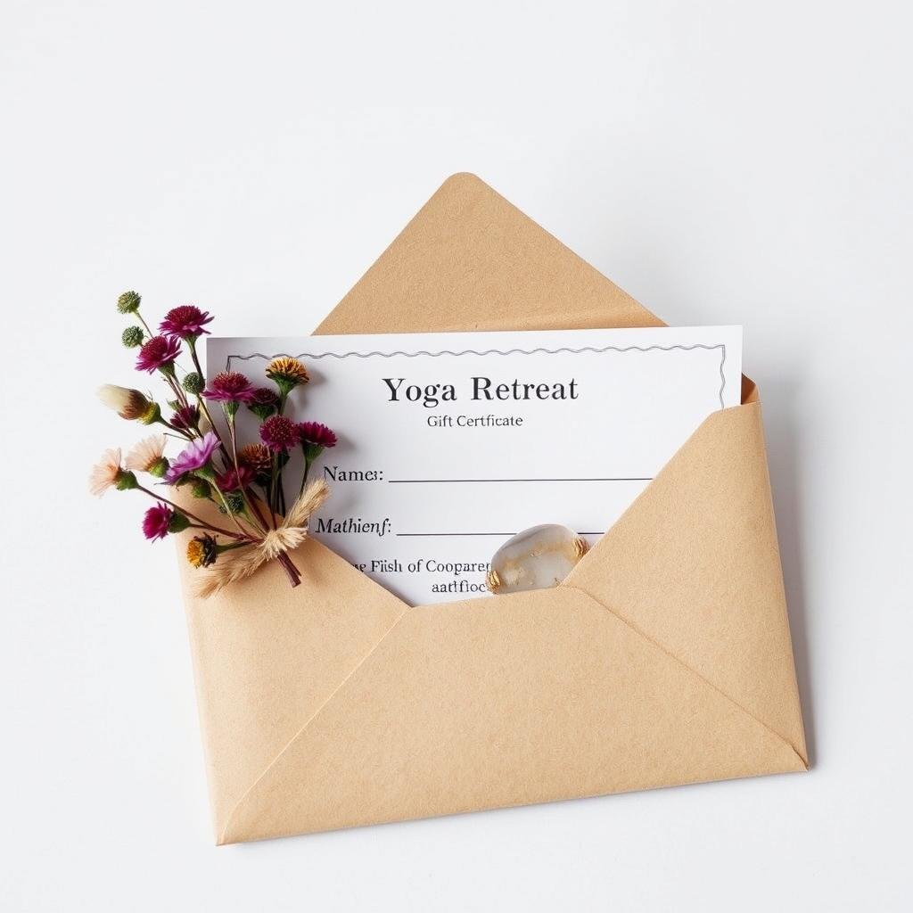 Yoga retreat gift certificate in decorative envelope, wellness gift idea for women
