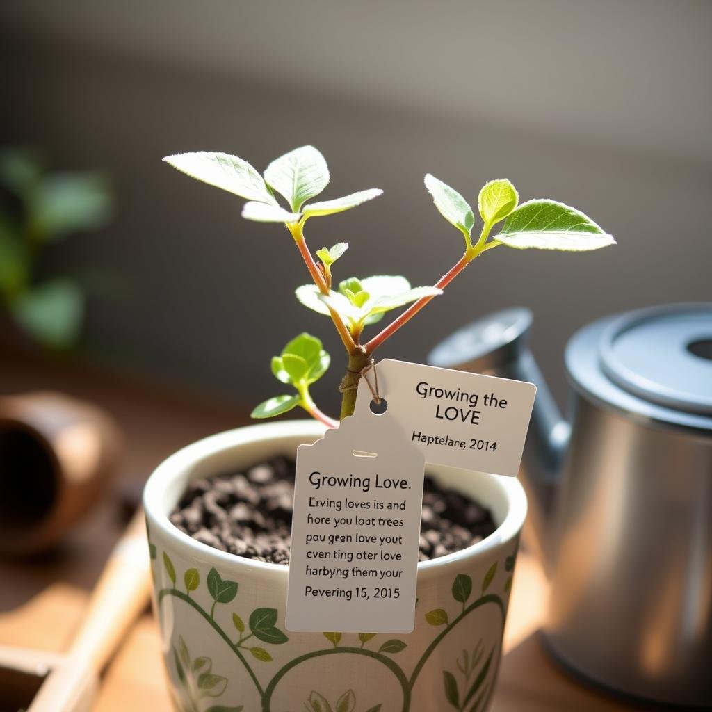 Young tree seedling in decorative pot as a 1 year anniversary gift