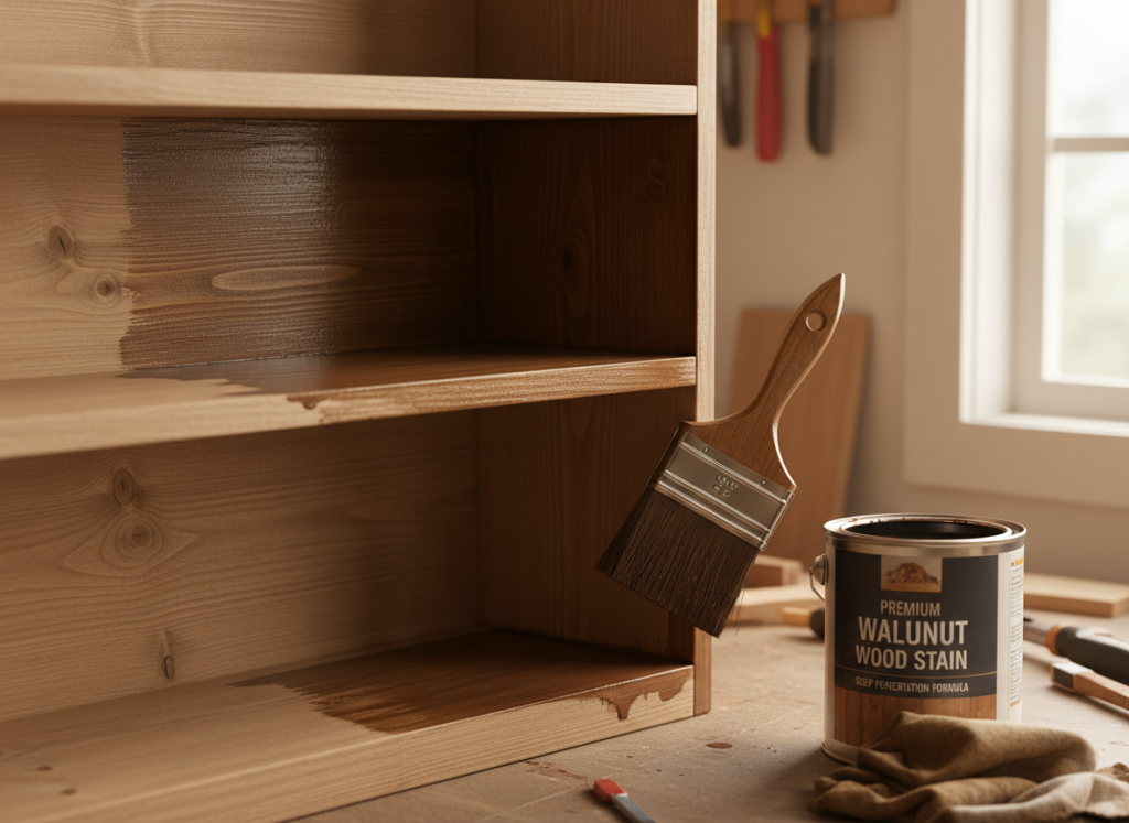 Applying wood stain to bookshelf with brush showing rich color development