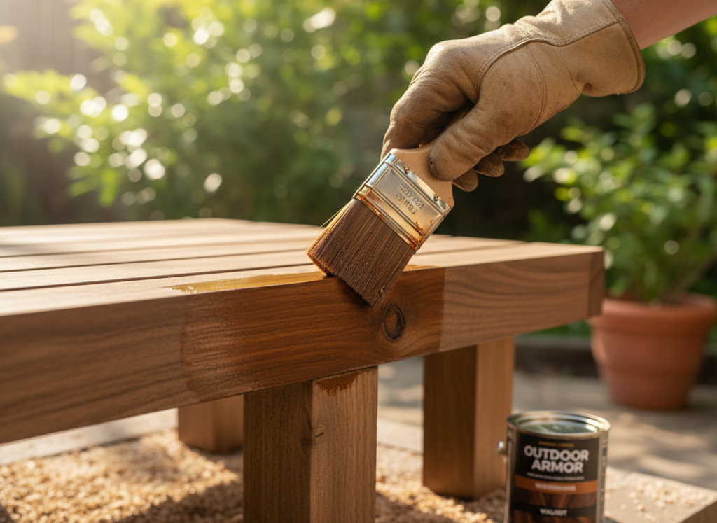 Applying wood stain to outdoor furniture with brush Applying wood stain to outdoor furniture with brush