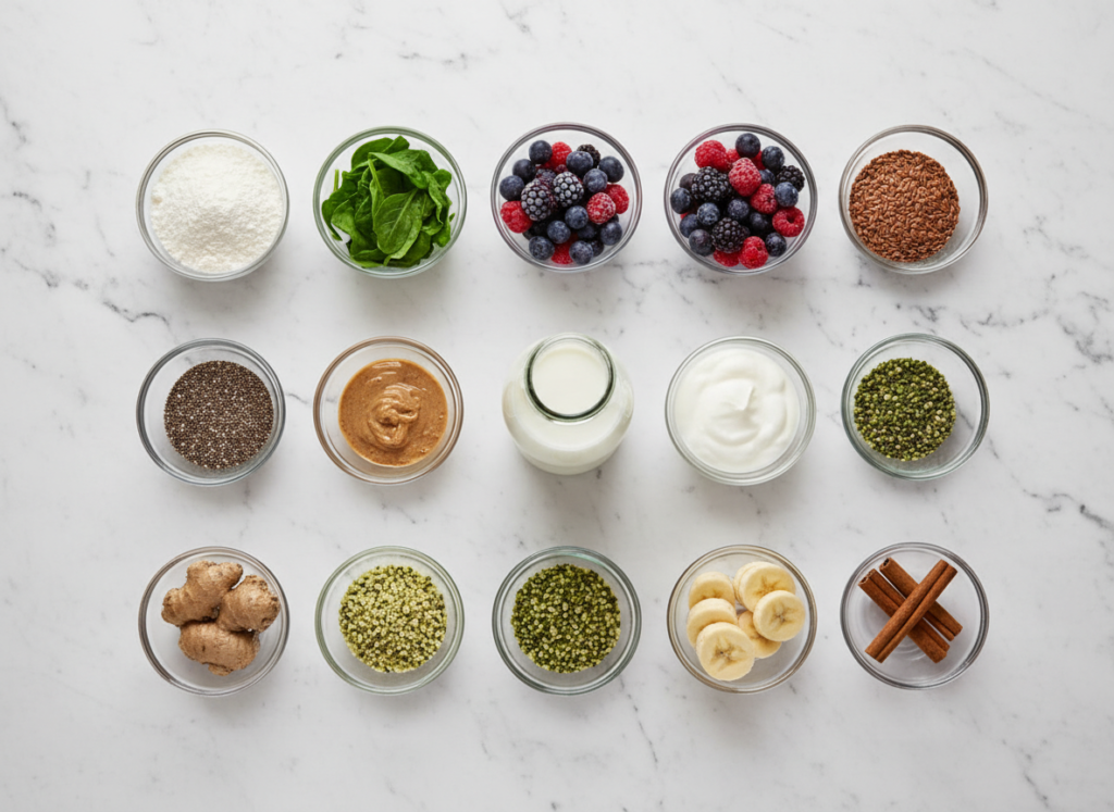 Array of essential smoothie ingredients including protein powder, greens, fruits, and healthy fats