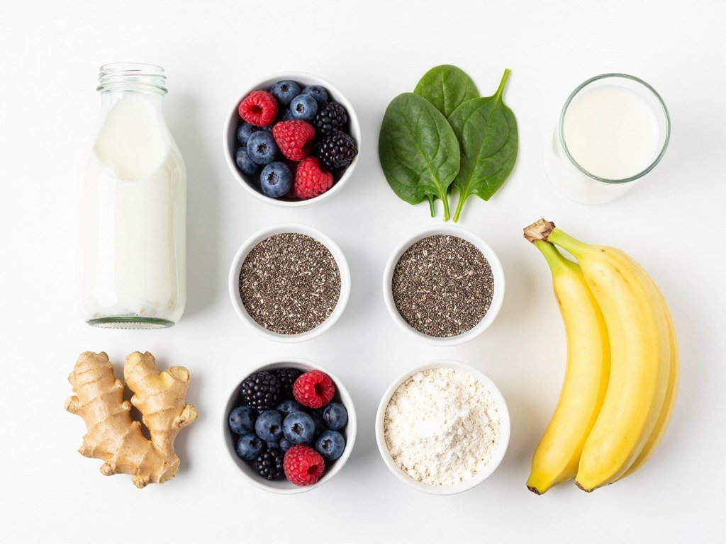Array of gut-healthy smoothie ingredients including kefir, berries, ginger, and seeds