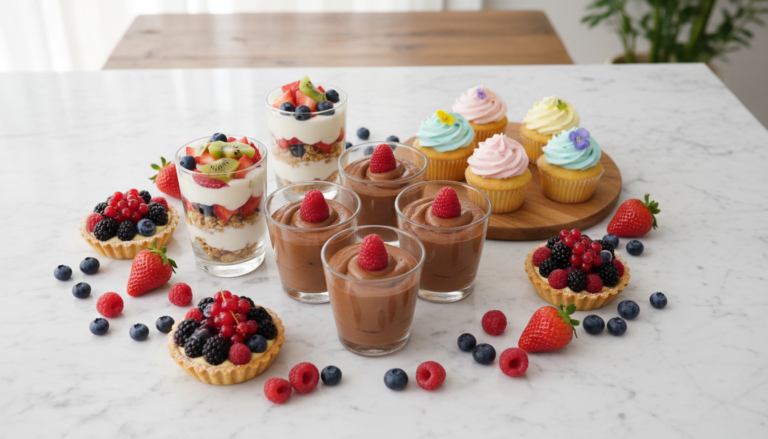 Assortment of colorful weight watchers desserts displayed on a white marble countertop