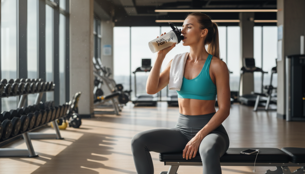 Athlete drinking post-workout smoothie after exercise Athlete drinking post-workout smoothie after exercise