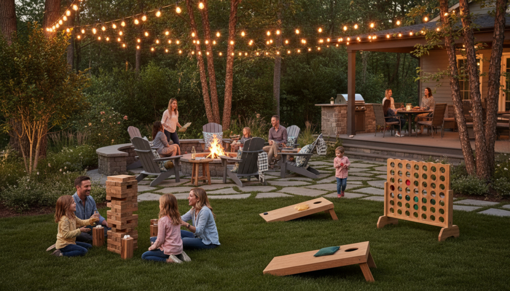 Backyard entertainment area with wooden game station and fire pit Backyard entertainment area with wooden game station and fire pit