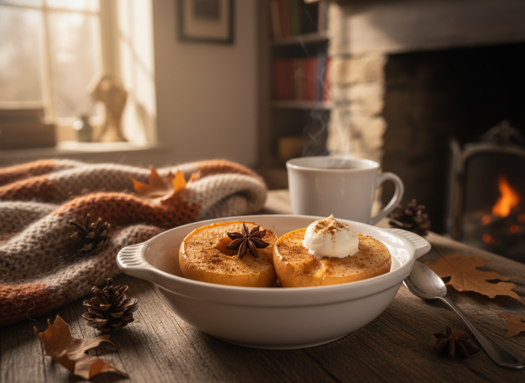 Baked apple halves with cinnamon and a dollop of cream Baked apple halves with cinnamon and a dollop of cream