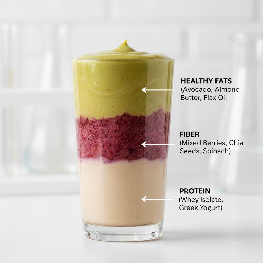 Balanced smoothie with visible protein, fiber, and healthy fat components