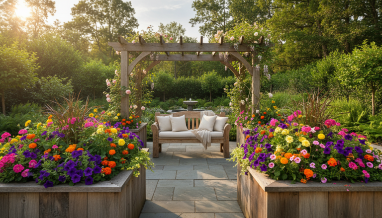 Beautiful backyard garden with wooden planter boxes and outdoor furniture