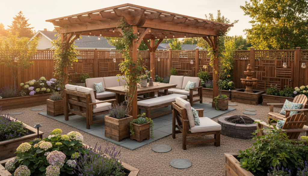 Beautiful completed backyard with multiple custom wooden projects Beautiful completed backyard with multiple custom wooden projects