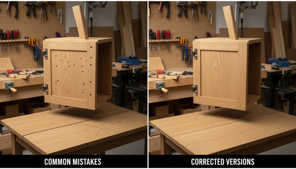 Before and after comparison showing common woodworking mistakes and corrections Before and after comparison showing common woodworking mistakes and corrections