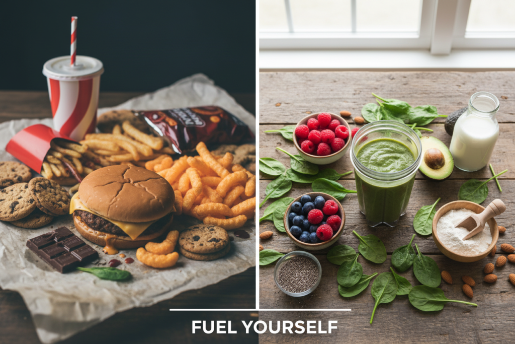 Before and after weight loss transformation with healthy smoothie ingredients displayed