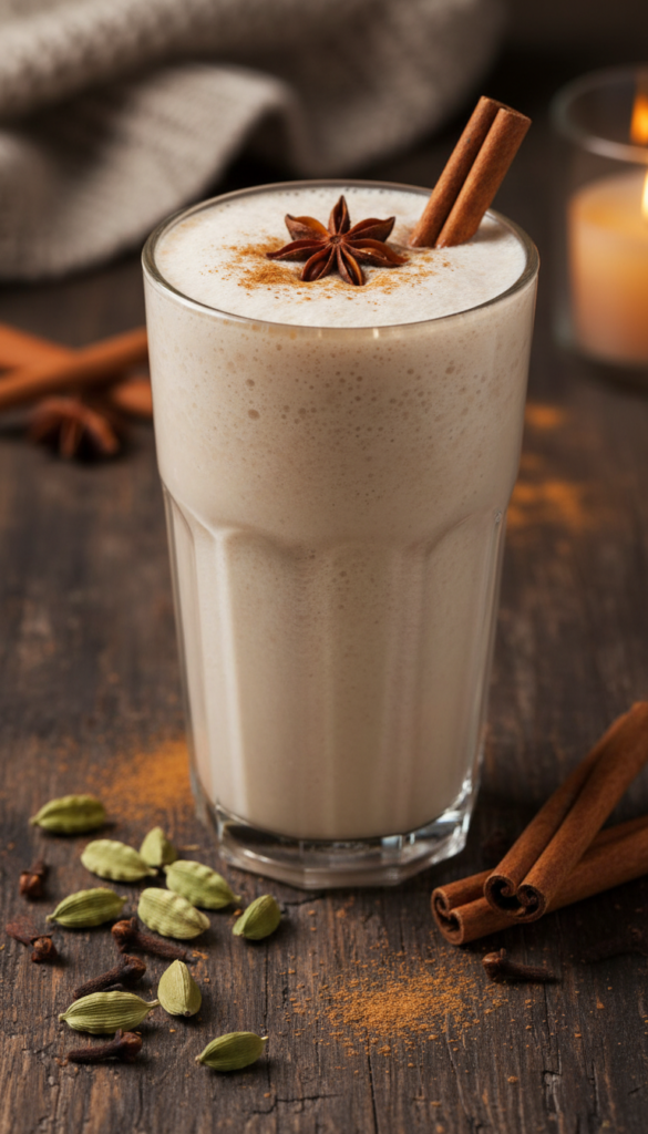 Beige chai-spiced smoothie with cinnamon stick garnish