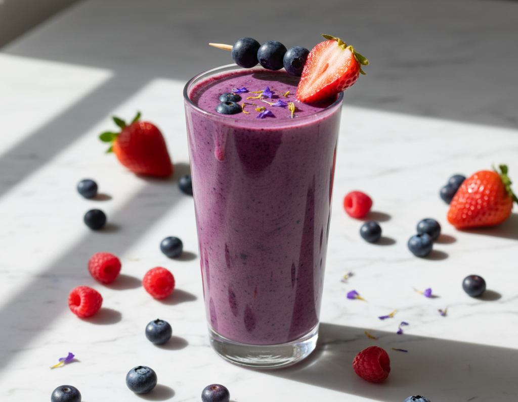 Berry protein smoothie for weight losing in glass with fresh berries Berry protein smoothie for weight losing in glass with fresh berries
