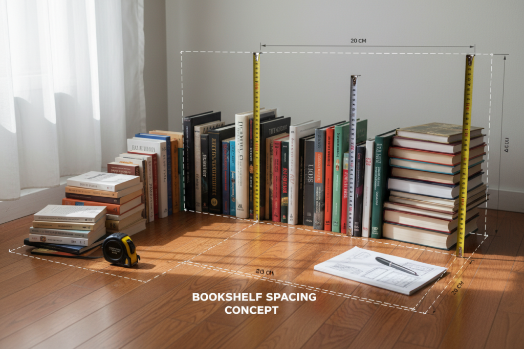 Books of various sizes arranged showing different shelf spacing requirements