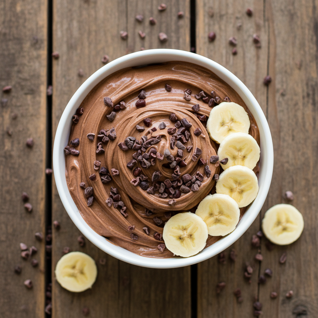 Bowl of chocolate banana nice cream topped with cocoa nibs Bowl of chocolate banana nice cream topped with cocoa nibs
