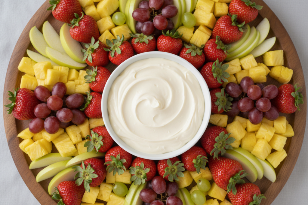 Bowl of vanilla cream dip surrounded by fresh fruit Bowl of vanilla cream dip surrounded by fresh fruit