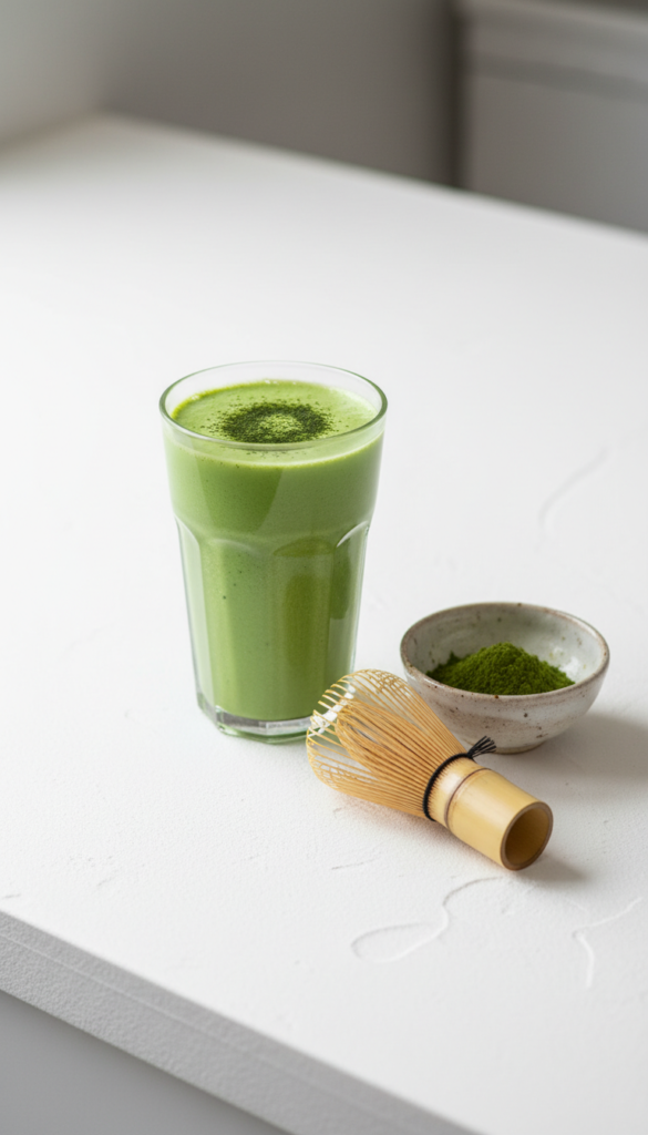 Bright green matcha smoothie with matcha powder dusting