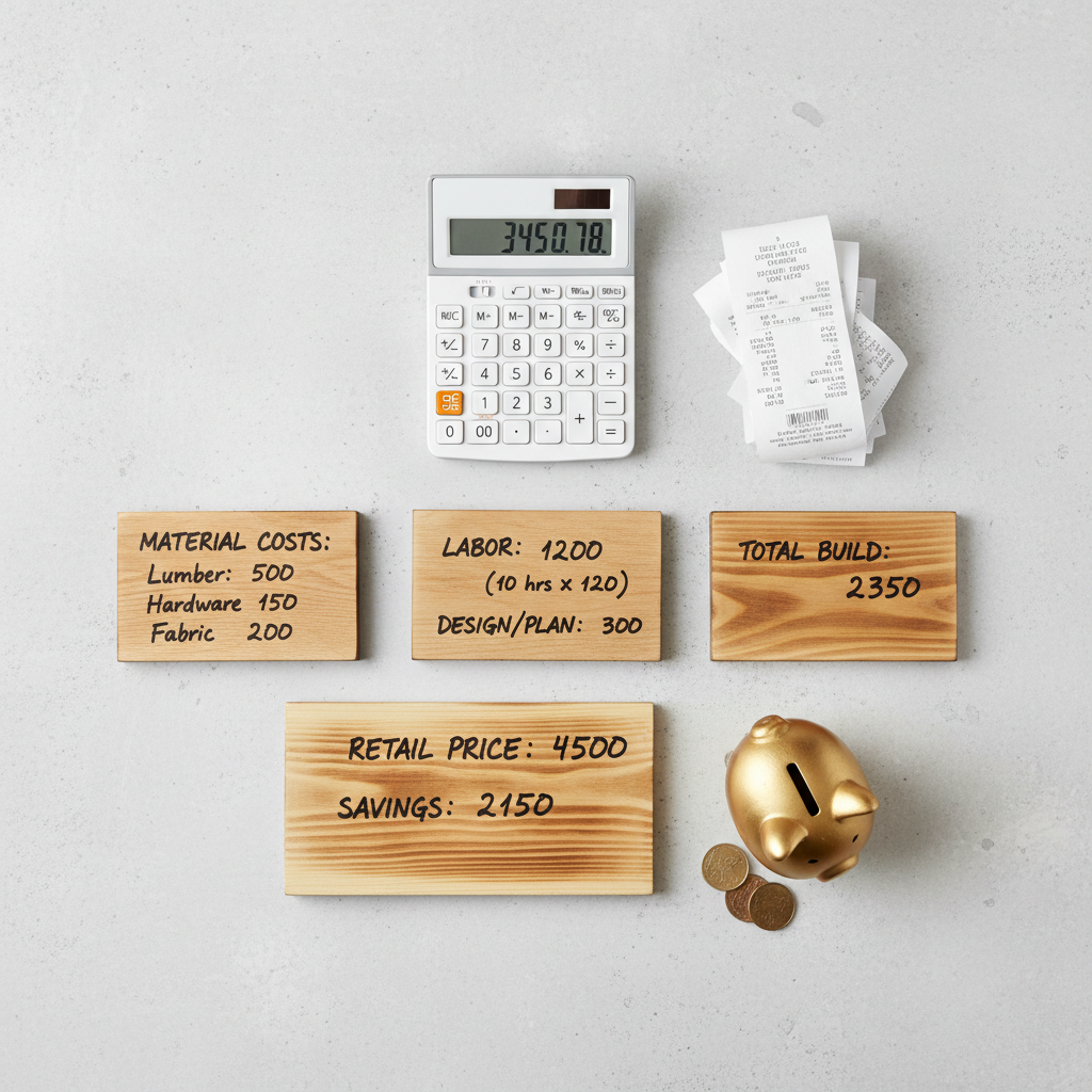 Calculator next to wood materials showing cost breakdown for DIY furniture Calculator next to wood materials showing cost breakdown for DIY furniture