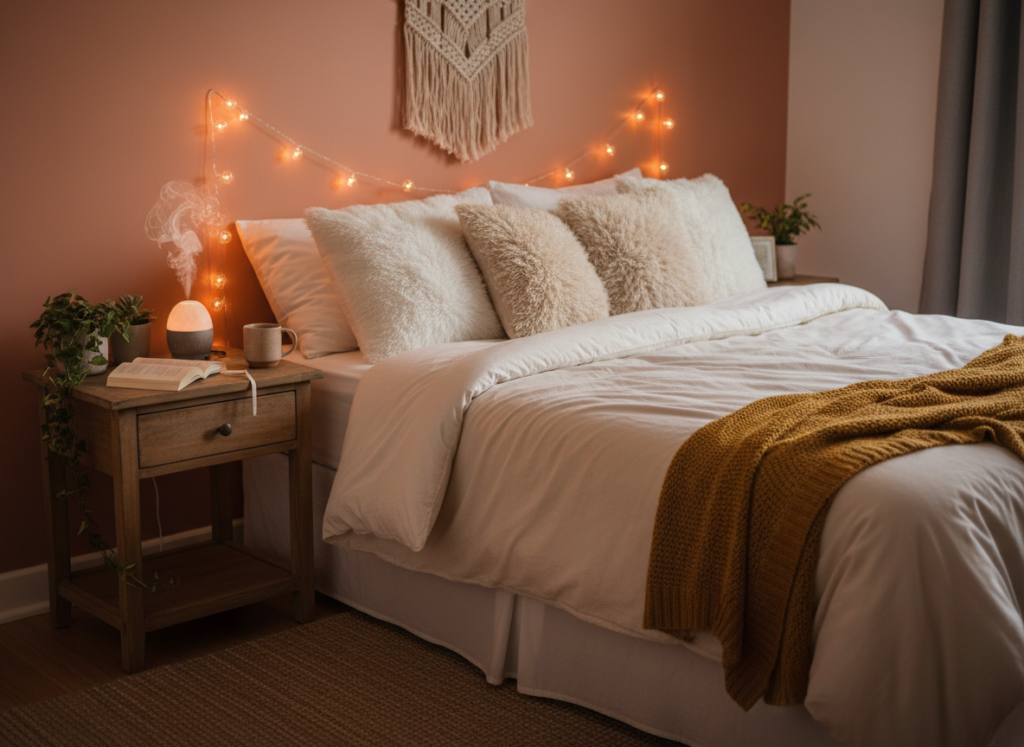 Calm bedroom environment with dim lighting and relaxation elements