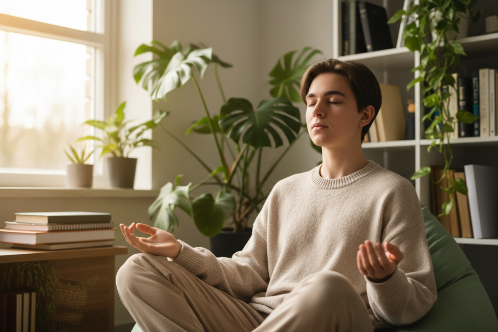 Calm student practicing stress reduction techniques Calm student practicing stress reduction techniques