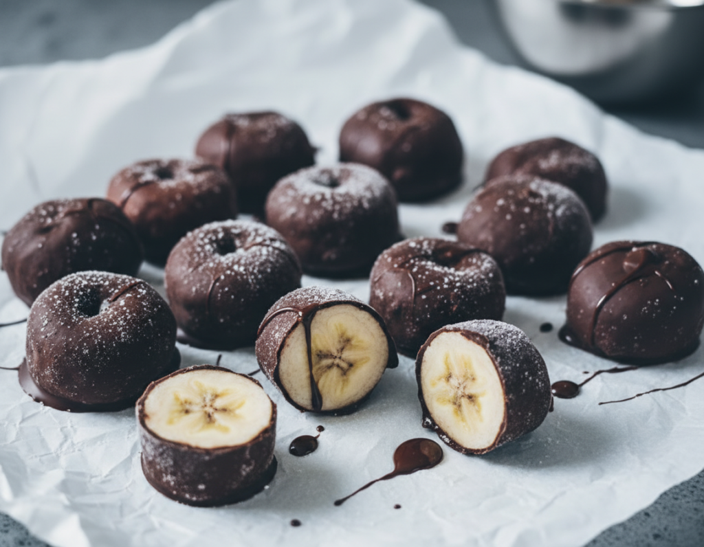 Chocolate covered frozen banana bites on parchment Chocolate covered frozen banana bites on parchment