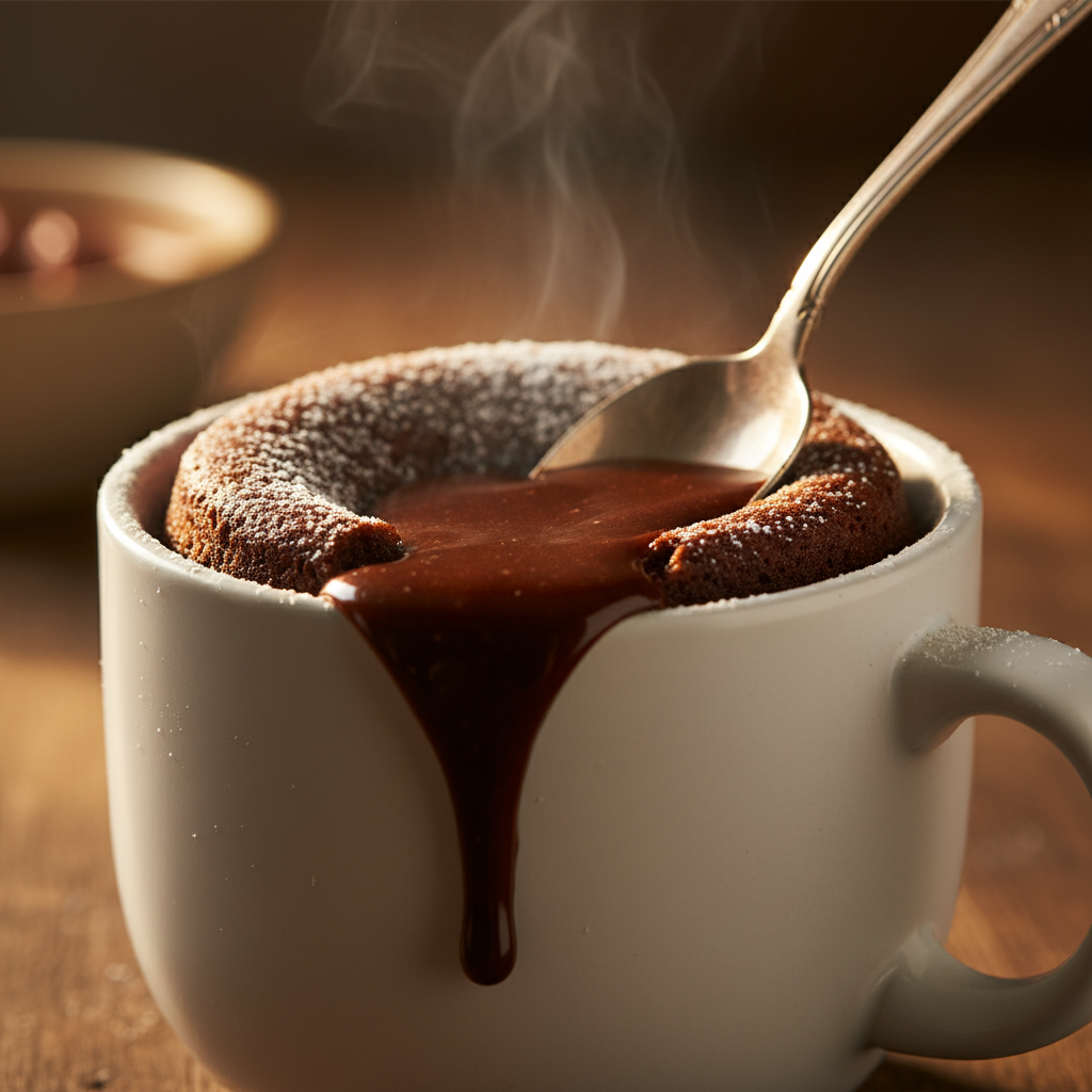 Chocolate lava cake in a mug with molten center flowing Chocolate lava cake in a mug with molten center flowing
