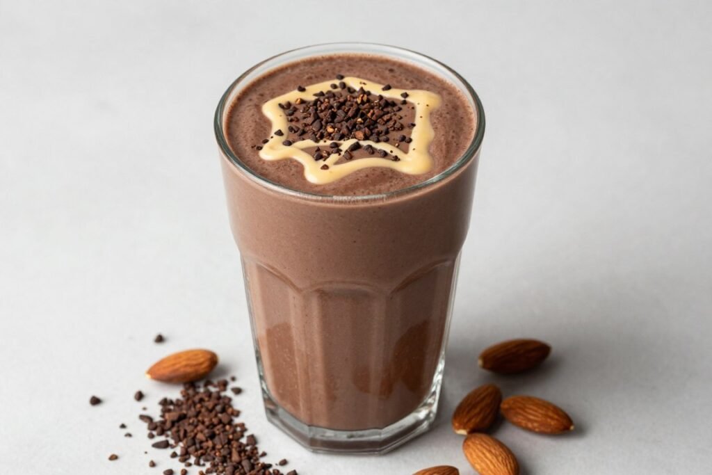 Chocolate protein smoothie in a glass with almond butter swirl