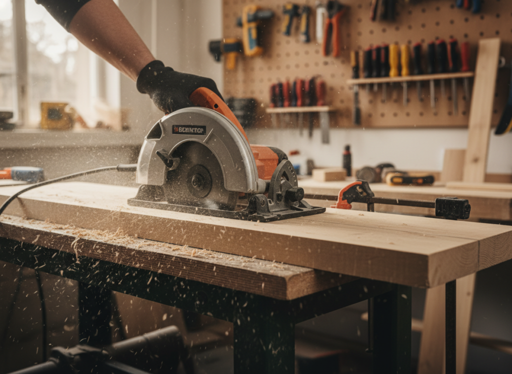 Circular saw cutting wood board for furniture project Circular saw cutting wood board for furniture project