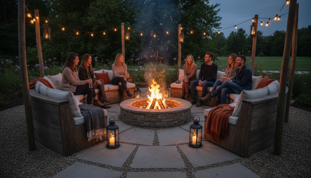 Circular wooden bench seating around backyard fire pit Circular wooden bench seating around backyard fire pit