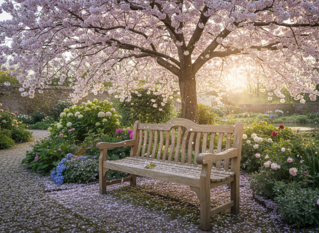 Classic wooden garden bench under flowering tree Classic wooden garden bench under flowering tree