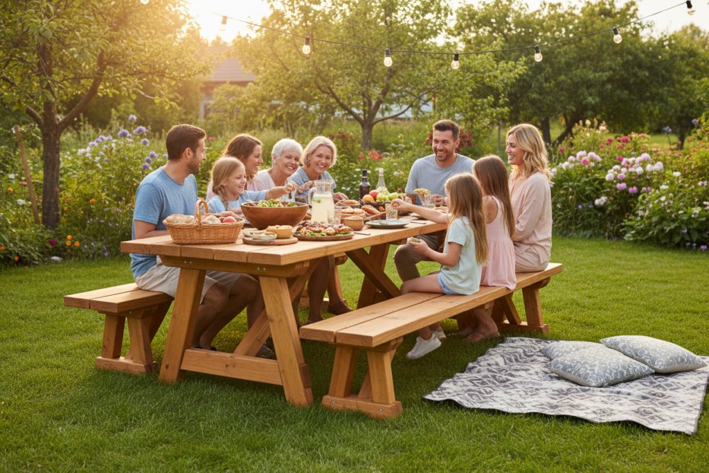 Classic wooden picnic table in backyard setting Classic wooden picnic table in backyard setting