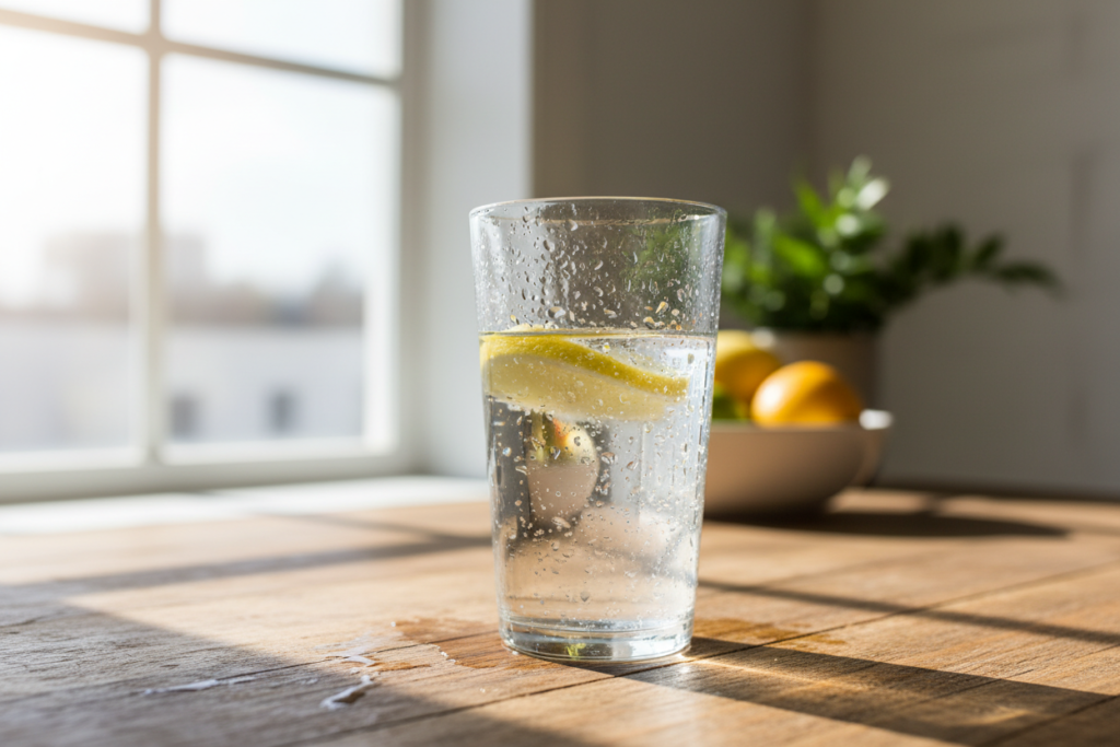 Clear glass of water with fresh lemon slice on wooden table Clear glass of water with fresh lemon slice on wooden table