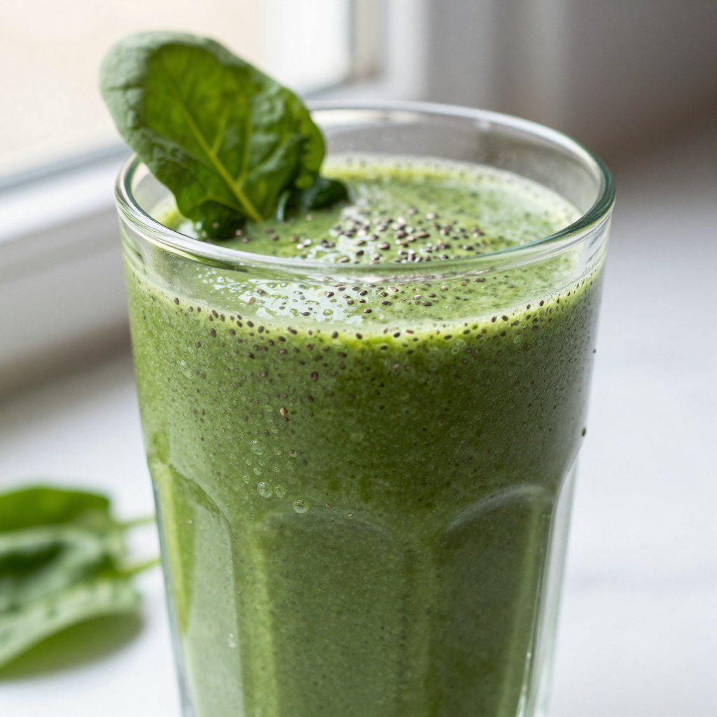 Close-up of a green gut health smoothie with visible chia seeds