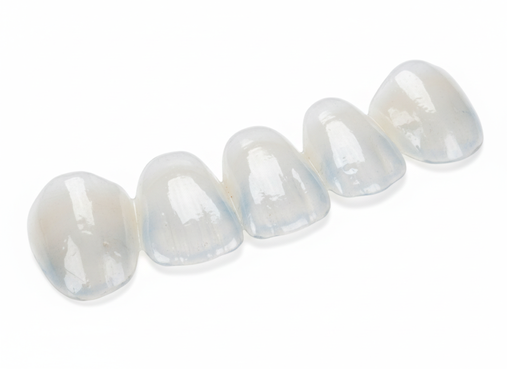 Close-up of porcelain veneers showing natural tooth appearance and translucency Close-up of porcelain veneers showing natural tooth appearance and translucency
