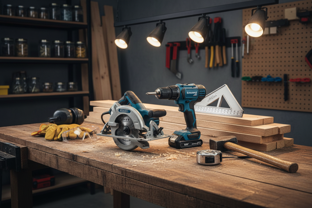 Collection of essential woodworking tools laid out on workbench Collection of essential woodworking tools laid out on workbench