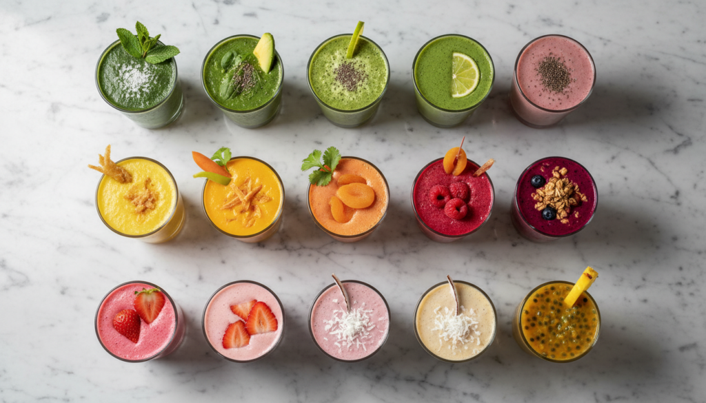 Collection of fifteen different weight loss smoothies in various colors