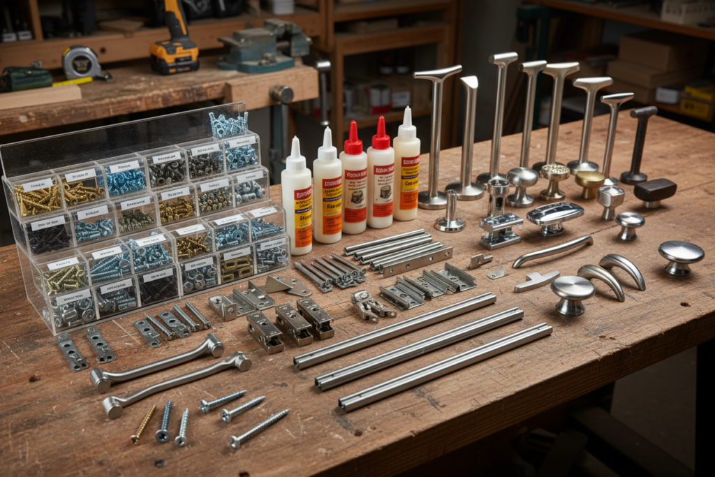 Collection of furniture hardware including screws, brackets, hinges and handles Collection of furniture hardware including screws, brackets, hinges and handles