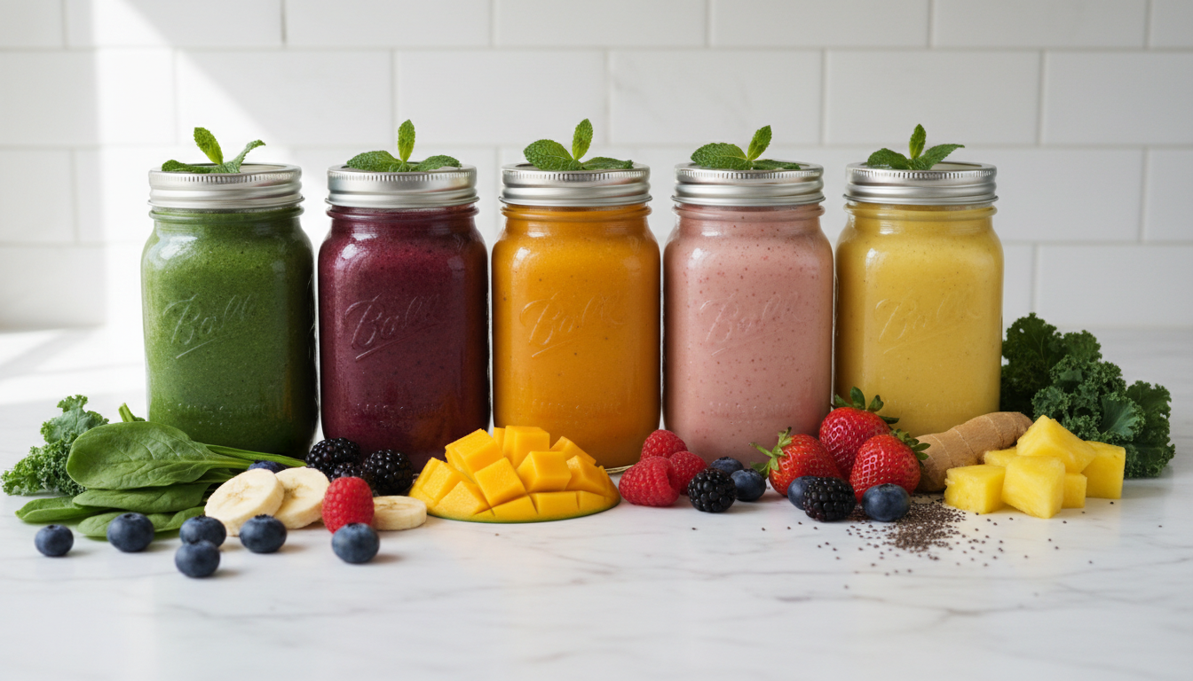 Colorful array of fresh weight loss smoothies in mason jars with various fruits and vegetables